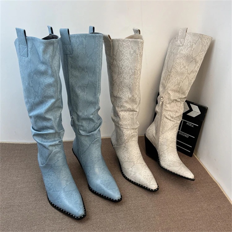 早い者勝ち 太いヒール シューズ 西部カウボーイブーツ ロングブーツ ウエスタンフリンジ 先の尖ったブーツ レトロ スタックブーツ 騎馬靴