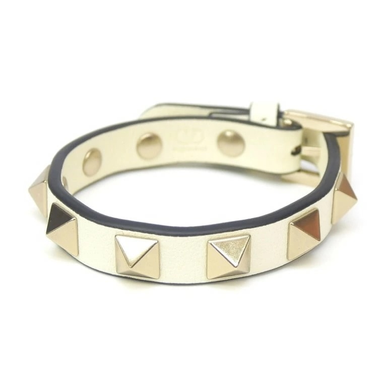 ヴァレンティノ VALENTINO ロックスタッズ ブレスレット レザー ライトアイボリー 【中古】(67917)