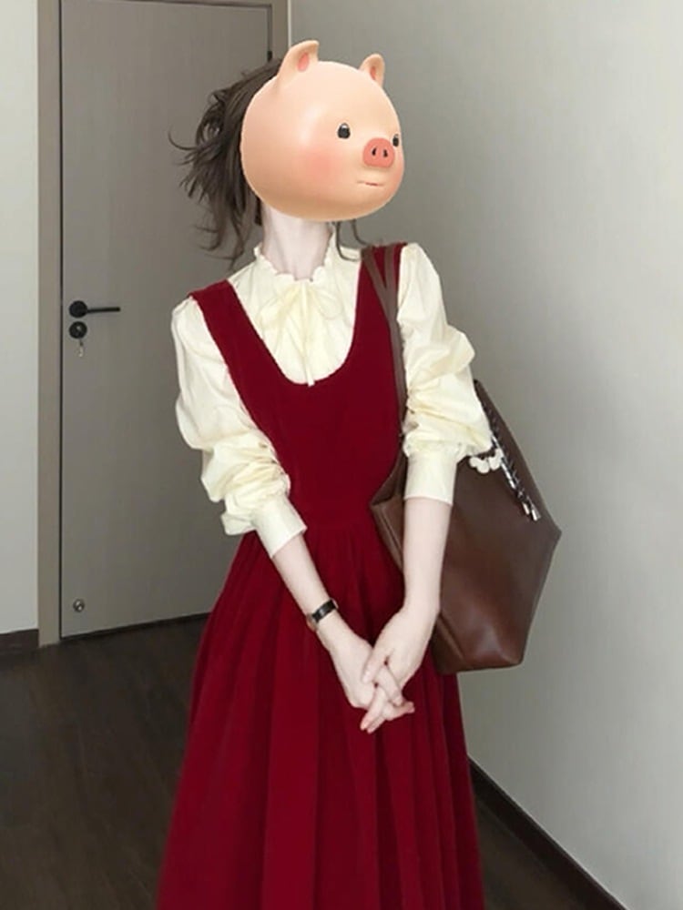 2024年秋冬新作ロングスカートスーツの女性用赤いサスペンダードレス一式を着てください 5,419円