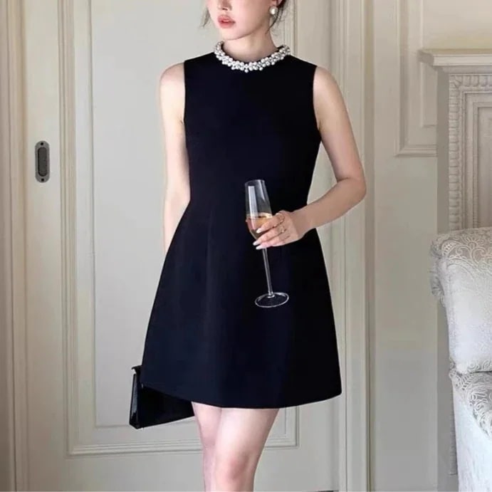 夏 ニューデザイン フランス パール ワンピース ウエスト引き締め ノースリーブ 着痩せ 高級感 ファッション 4,801円