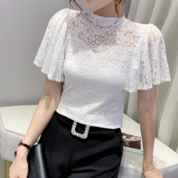 トップス デート かわいい 大人可愛い きれいめ シンプル カジュアル 大人 上品 おしゃれ お洒落 半袖 ブラウス レース 刺繡 エレガント オフィス 通学 通勤 パーティー 韓国 ホワイト 3XL