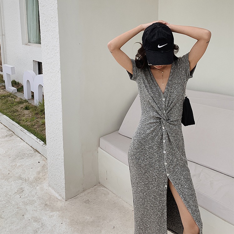 Vネックツイストワンピース ニットワンピース Tシャツワンピース 半袖ワンピース サマードレス ワンピース ドレス レディース 可愛い オシャレ スリット セクシー D558