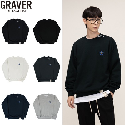 ブルーフラワースマイル刺繍ホワイトクリップマンツーマン_5color