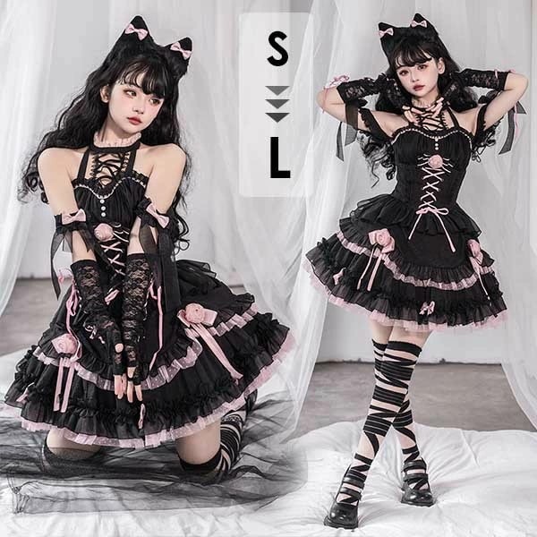 ステージ衣装 アイドル服 ロリータ ミニ丈 ワンピース 病みかわ フルセット コスプレ衣装 ねこみみ ティアードスカート コスチューム 花飾り レースアップ ゴシックロリィタ ゴスロリ 半袖 袖付き