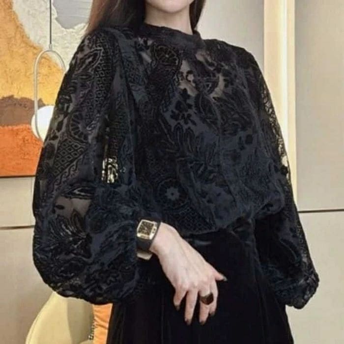 50代 ス パフスリーブ 長袖 透け感 20代 お呼ばれ 可愛い オケージョン ブラウス カジュアル シャツ エレガント フェミニン 黒 大人 40代 ハイネック シアー 30代 ブラック 上品 レデ