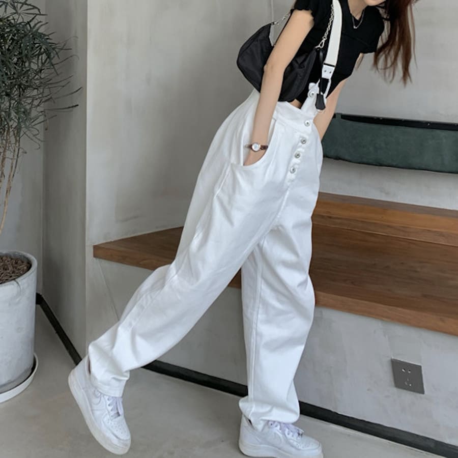 つなぎ オールインワン レディース ホワイトサロペット ハイウエスト ワンショルダー 高校生 中学生 4,992円