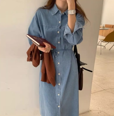 レディース スカート ワンピース シャツワンピ デニム 前開き ロングスカート 膝下 ロング 長袖 襟付き 角襟 ポロカラー スリム 細身 ストレート ウエストリボン ポケット ボタン デニム