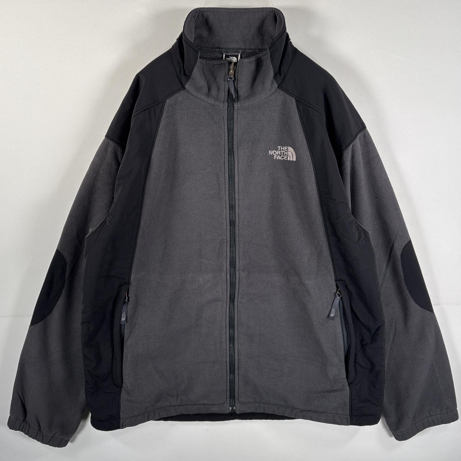 古着 フリースジャケット ワンポイントロゴ刺繍 ビッグサイズ フルジップ 切り返し XL グレー メンズ