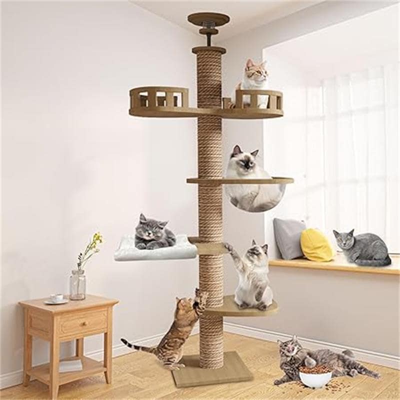 超人気,高評価!!キャットタワー 突っ張り 木登りタワー 木製 キャットツリー スリム 宇宙船 ハンモック 多層無垢材 太い支柱 大型猫用 多頭飼い 猫タワー 爪とぎ つめとぎ 猫 人気 おしゃれ か