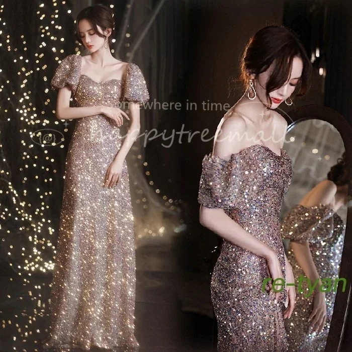 【急速出荷!】パーティードレス 結婚式 フォーマル ロング演奏会袖あり キラキラ 大きいサイズ マキシ丈ワンピース