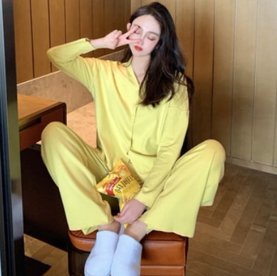 シンプルパジャマ セットアップ ルームウェア パジャマ オールインワン 袖あり 長袖 ラウンドネック 上下セット 2点セット 爽やか 大人スタイル かわいい 大人可愛い きれいめ シンプル カジュアル