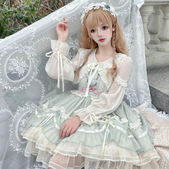 ロリータワンピース 膝丈 キャミソール 可愛い プリンセスドレス 背中リボン ロリータブラウス 羽織 ロリータ風 ボレロ 女性 萌え萌え コスプレ衣装 コスチューム ピンク グリーン