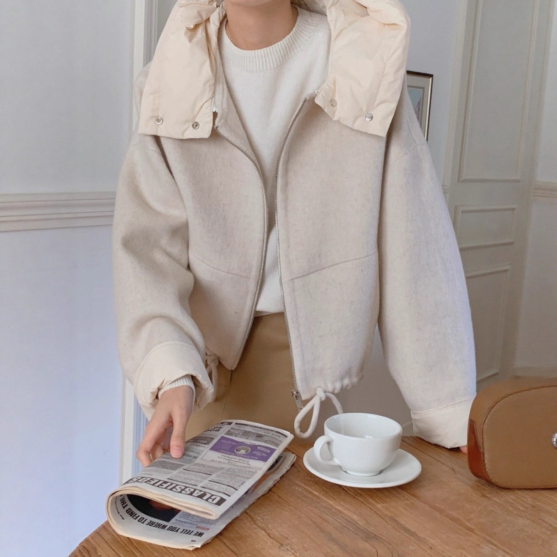 【限定SALE!!】【3日出荷】秋冬拼接フーデッドドローコード ショート丈ウールブレンドアウター レディース フェイクファー