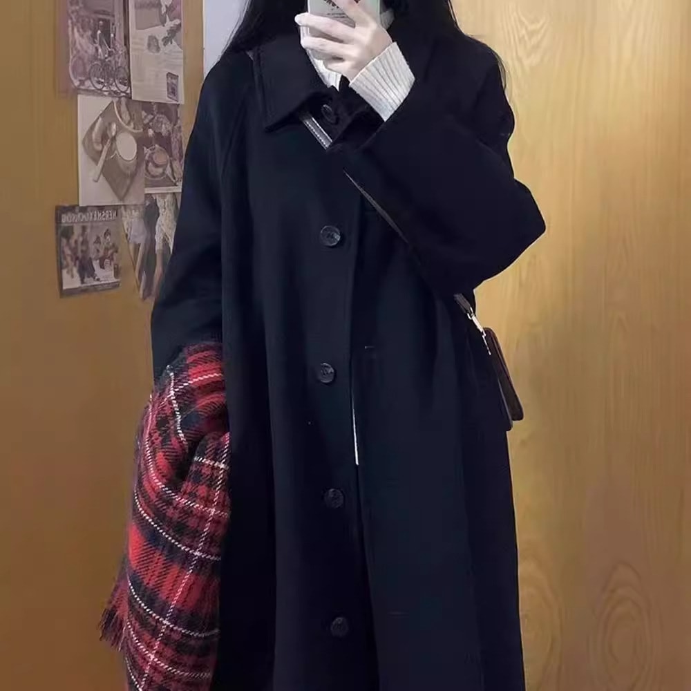 トレンチコートレディース アウター ロングブラックウールコートレディースウールコート2024秋冬新作韓国風小ぶり高級厚手