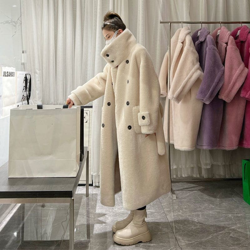 『目玉新商品』ムートンファッション 厚手 ロング 韓国 百掛け ふわふわ ウォーム おしゃれ 立ち襟 フェイクラムズウール 皮毛一体 アウター