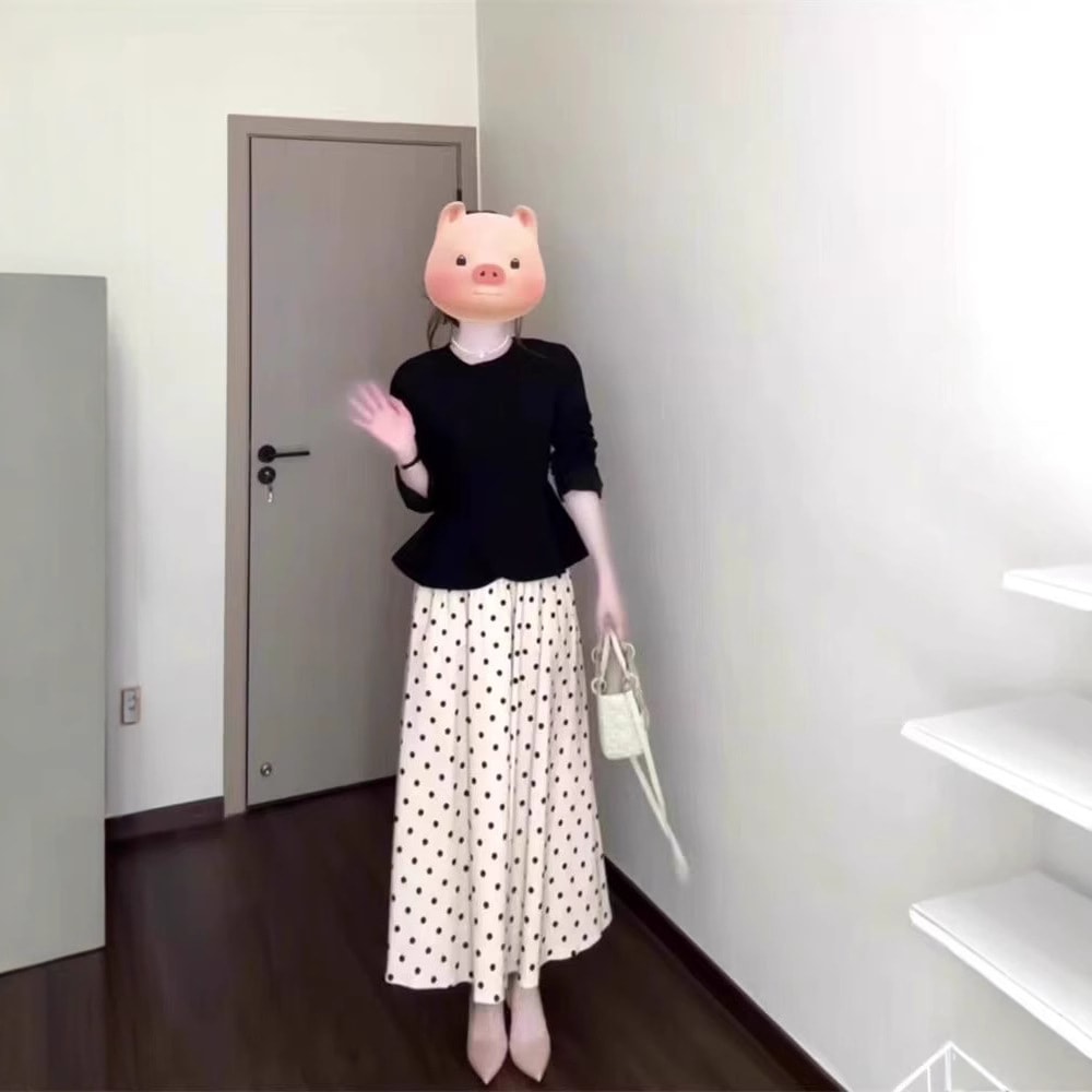 年齢を減らす黒いダブルブレストトップの完全なセットホワイトポルカドットスカートハイエンド2ピーススーツ