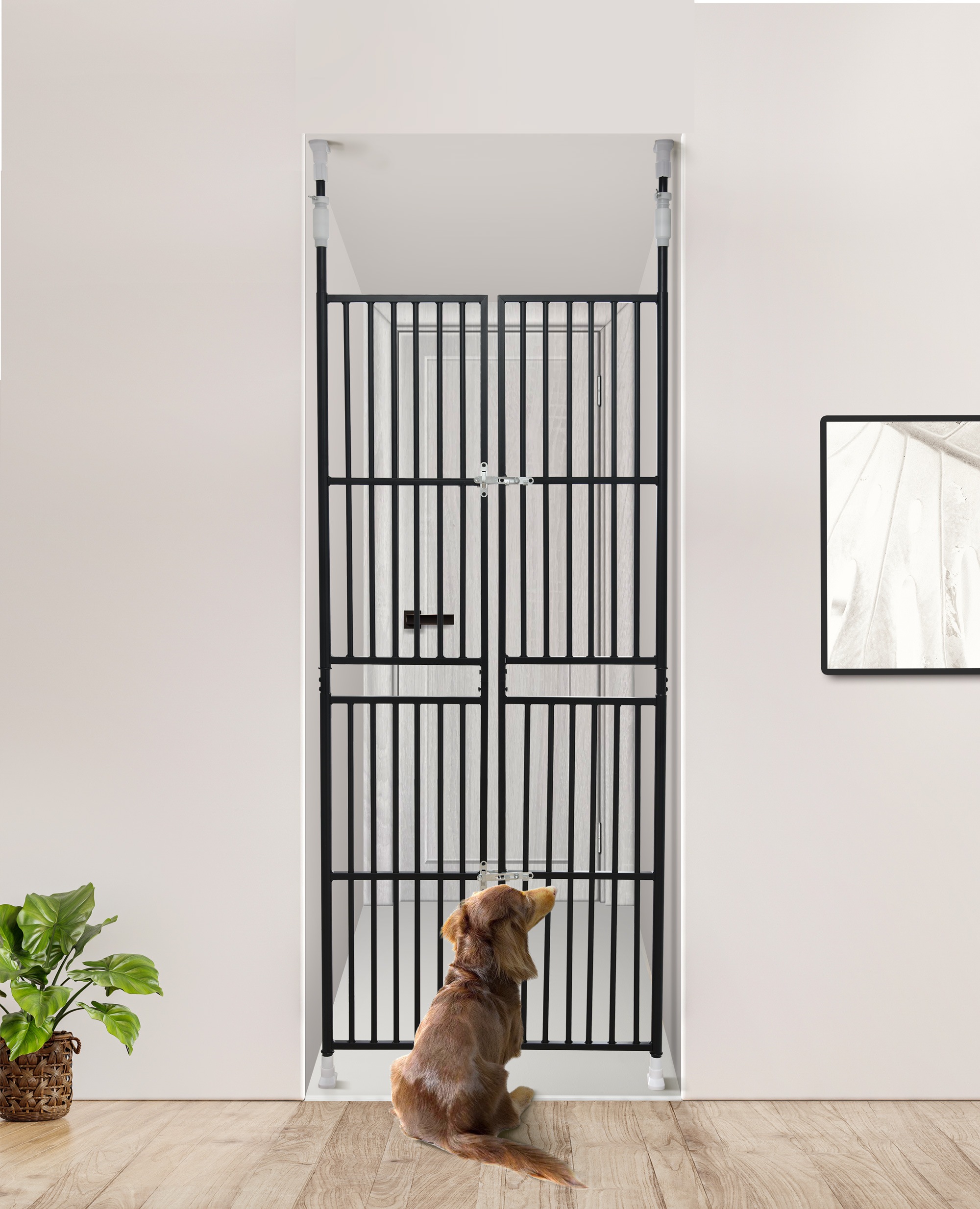 ペット高さ調節対応 205285cm ドア ケージ 取付幅8591cm 留守番 保護 ネコ 脱走防止 柵 フェンス 脱走防止 猫用 多頭飼い 多頭 スチール ペットケージ 新生活【ブラック】