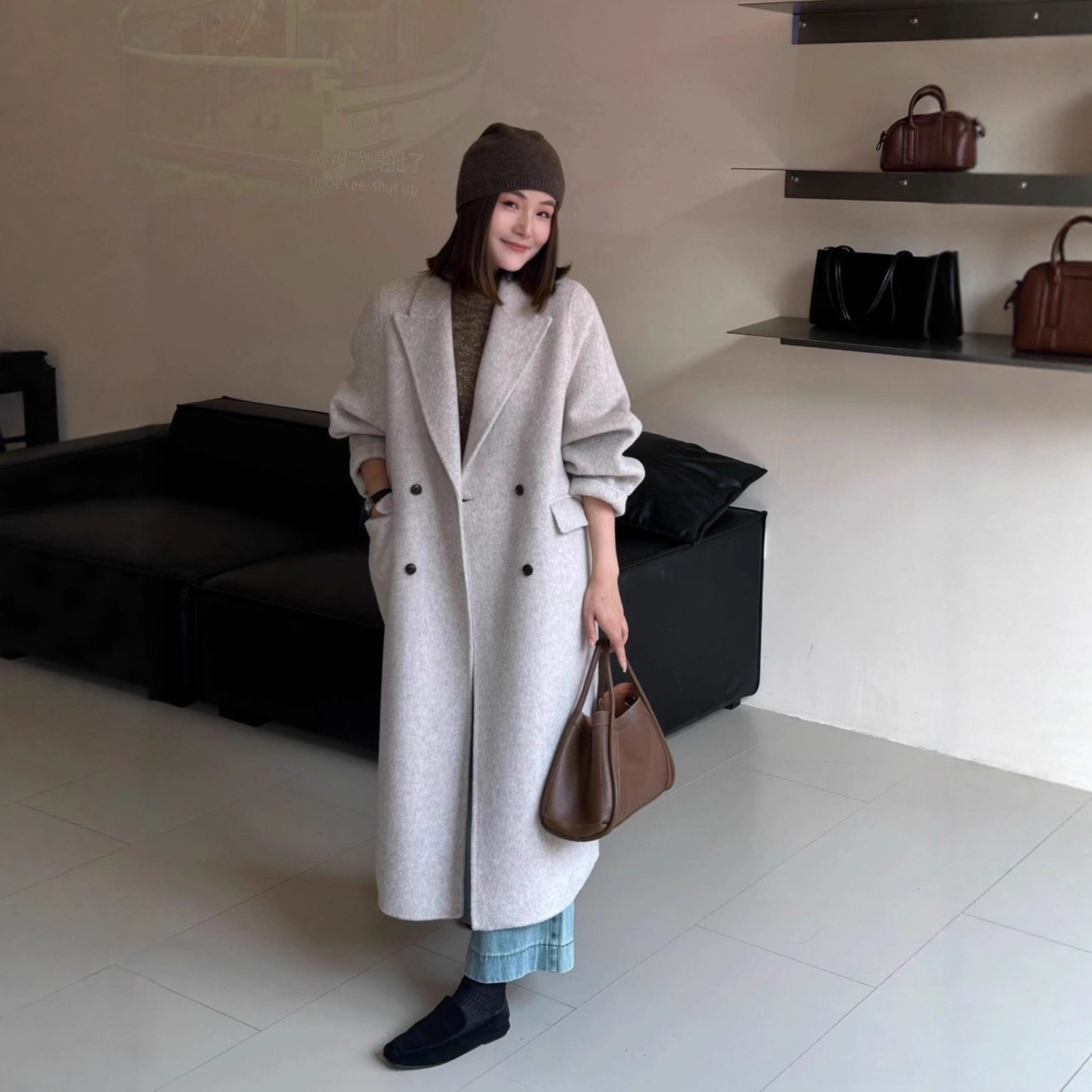 高級なデザイン両面ウールコートロング丈ゆったりとしたフィット感厚手で暖かいカシミヤウール韓国風の冬用コート