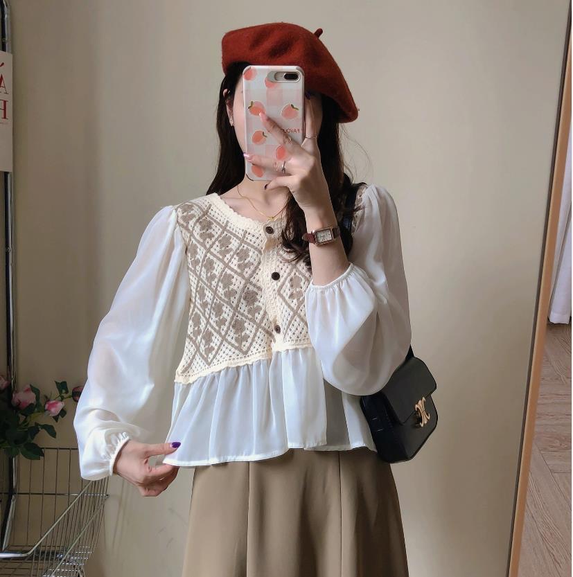 かぎ針編みメッシュバルーンスリーブ長袖トップ