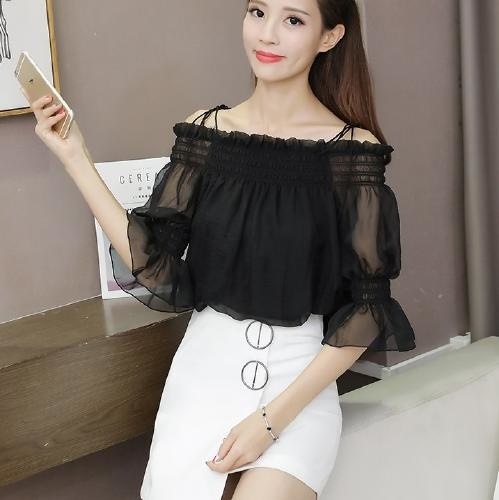 2257.肩リボンシフォンオフショルダートップス(ブラック) 2019 春夏 新作 大人 かわいい カジュアル OL 20代 30代 デート服 女子会