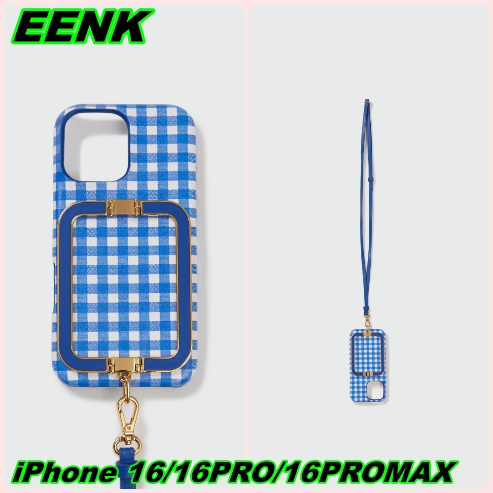 EENK】Phone Case with Leather Strap Blue Check iPhone 16 Pro