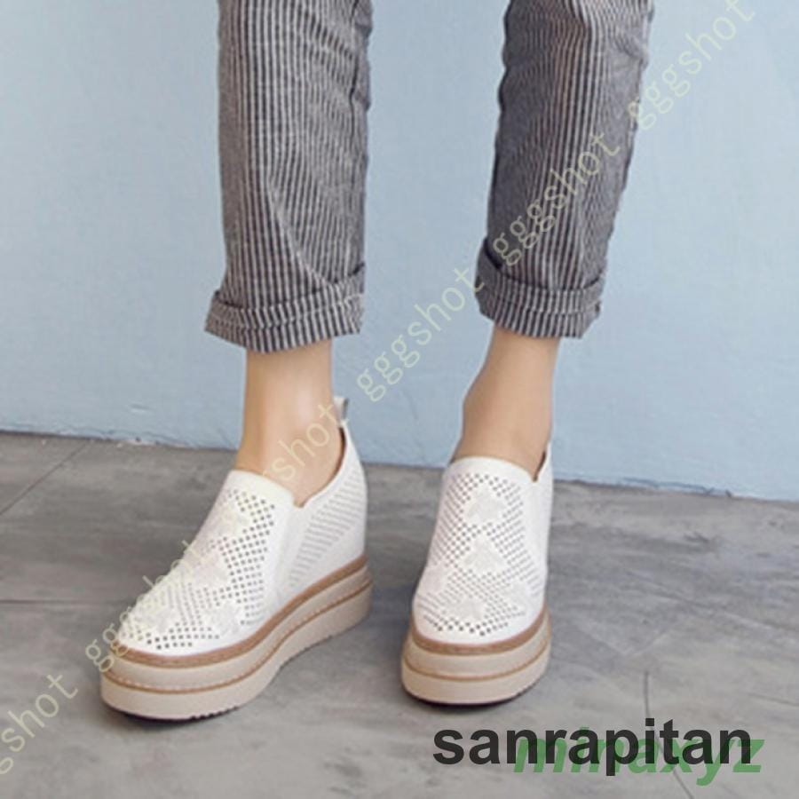 (girl shop)新品販売 厚底 スリッポン レディース スニーカー インヒール 白 黒 軽量 ローファー ラウンドトゥ ローカット カジュアル クッション性 シークレットシューズ 革 通気 2枚