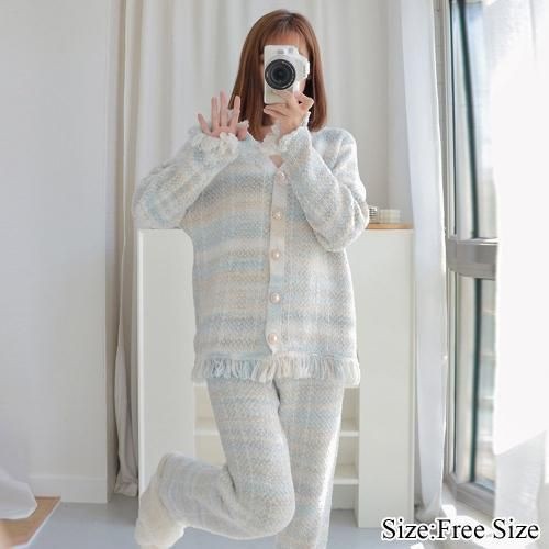 【グラシア】 ルームウェア モコモコ パジャマ 部屋着 パールボタン フリンジ ふんわり パール こなれ感 快適 柔らか ホワイト フリーサイズ