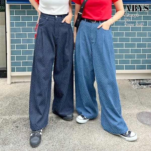 【即納】ドット柄ワイドデニムパンツ