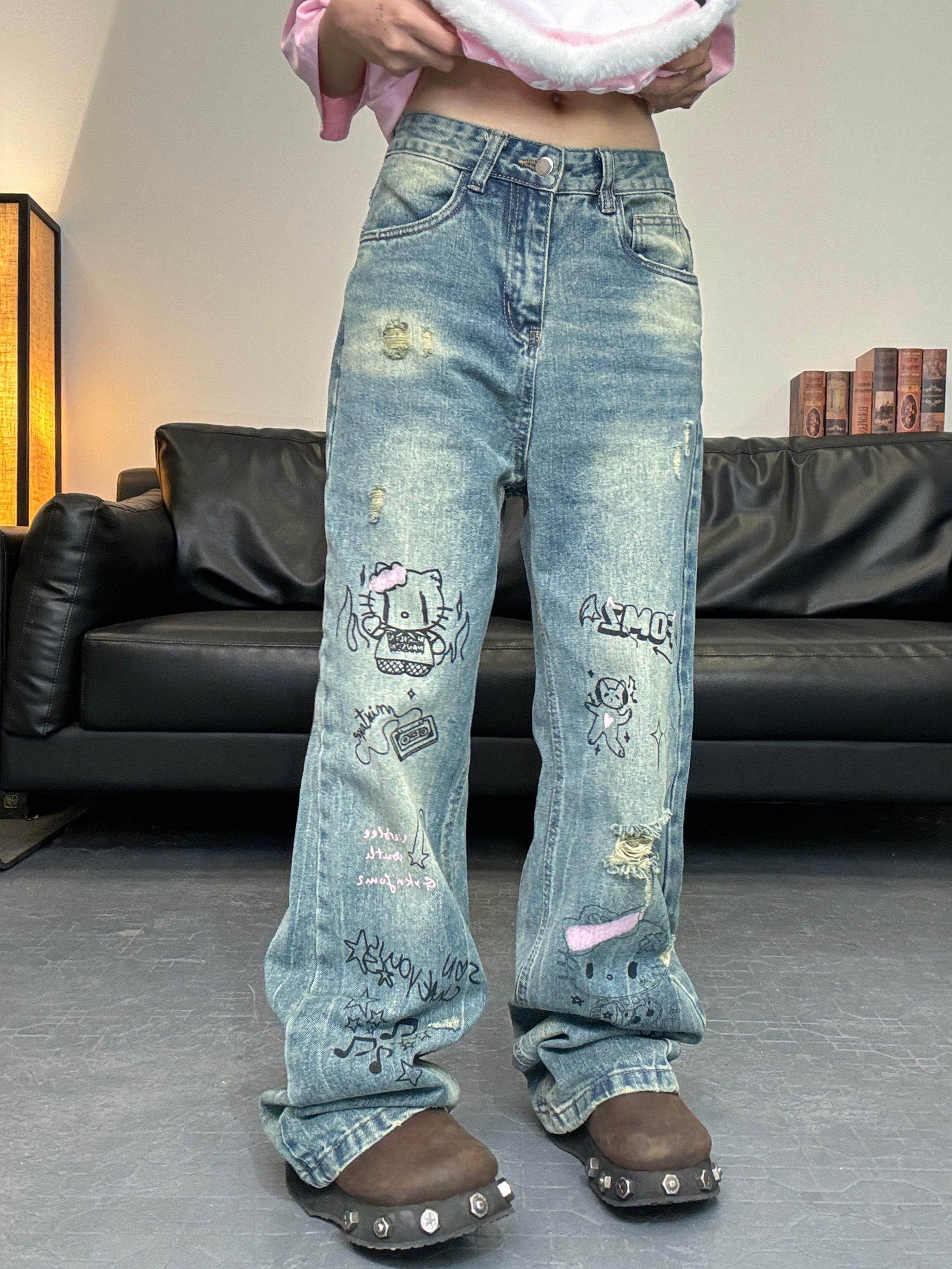 ジーンズ レディースBangu甘い女の子ハローかわいいKt猫ジーンズズボン夏レディース