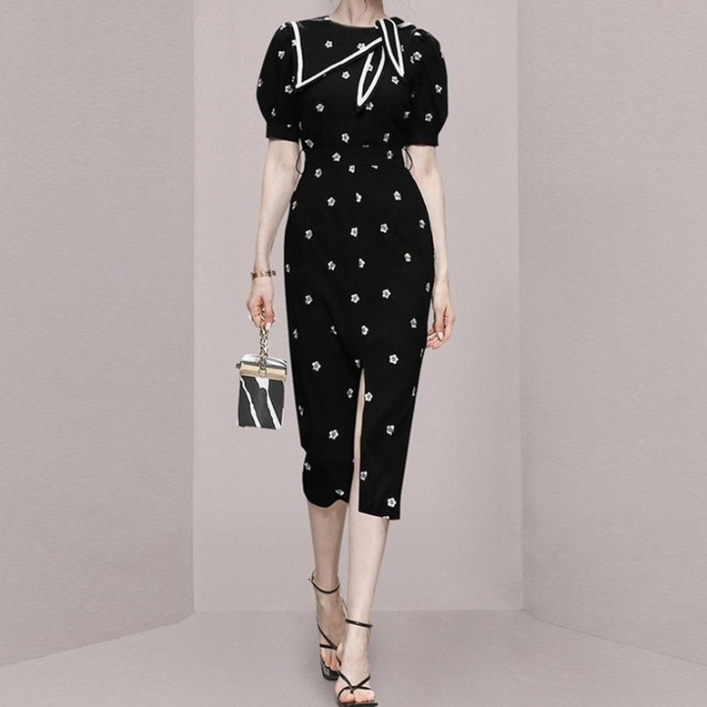 ワンピース レディース 花柄ワンピース フロントスリット パフスリーブ ハイウエスト タイト ドレス ビッグカラー リボン 半袖 ひざ下丈 ミディアム フラワー 黒 ブラック グリーン 大人可愛い