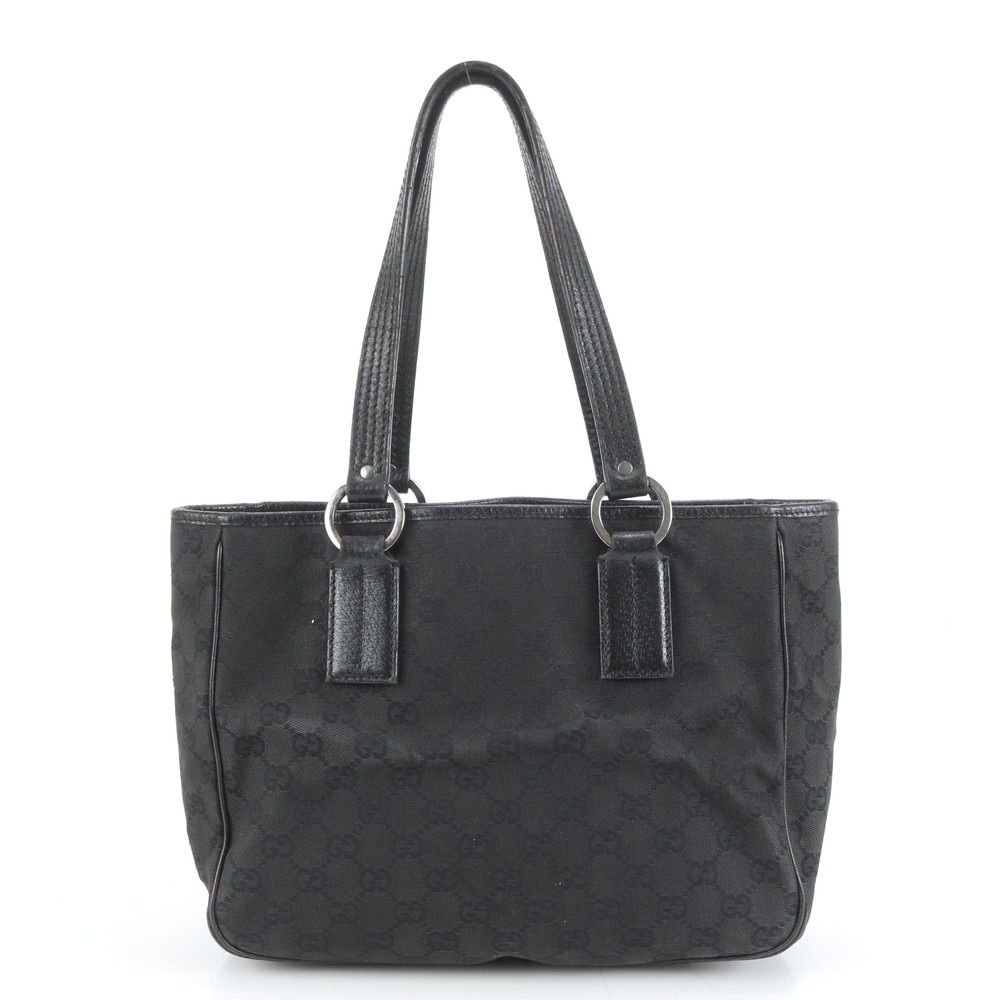美品 GGキャンバス 113019 レザー×キャンバス トート バッグ 肩掛け ショルダー ハンド 本革 ブラック 黒 レディース MRM DM1-10 中古