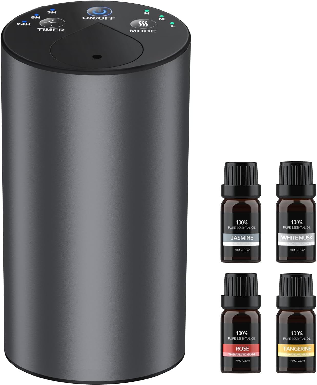 Amison 車用 ディフューザー 芳香剤 精油10mL X4本付 水なし自動噴霧式 アロマ ネブライザー 2400mAhバッテリ内蔵 充電式 静音 アロマディフューザー ミスト量調整 タイマー機能