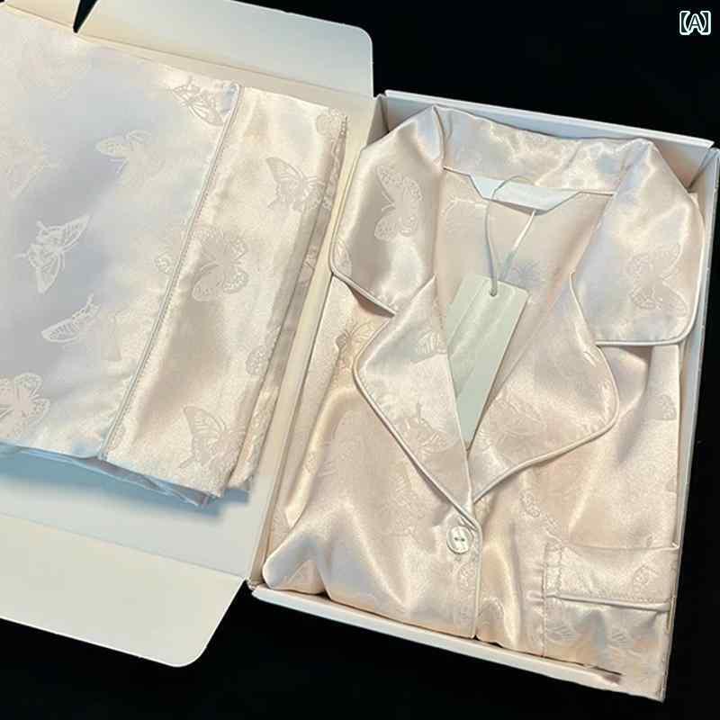 シルク　パジャマ　レディース 秋 女性 用 冷感 パジャマ 蝶の ジャカード 長袖と ズボン ツーピース セット 高級 シルケット サテン ホームウェア 外出にも 着用 可能