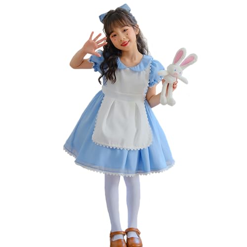 [] アリス 女の子 メイド服 ドレス コスプレ ハロウィン 仮装 エプロン 半袖 子供 キッズ 女児 衣装 可愛い 萌え 人気 イベント 活動 なりきり ワンピース 水色 ライトブルー 3点セット