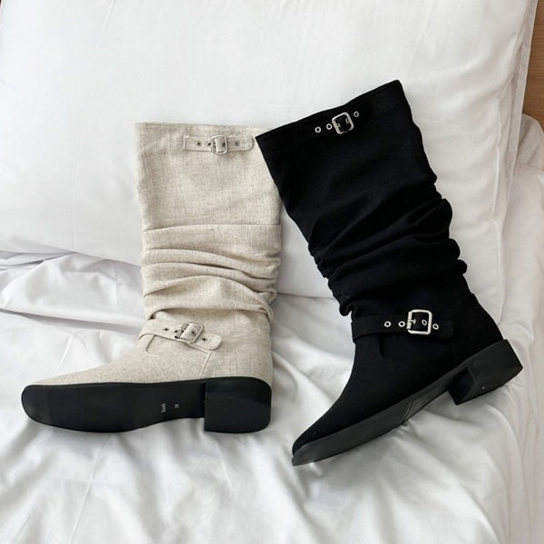 ロングブーツ ミドルブーツ ルーズ スクエアトゥ リネン レディース 黒 ベージュ 靴 婦人靴 韓国