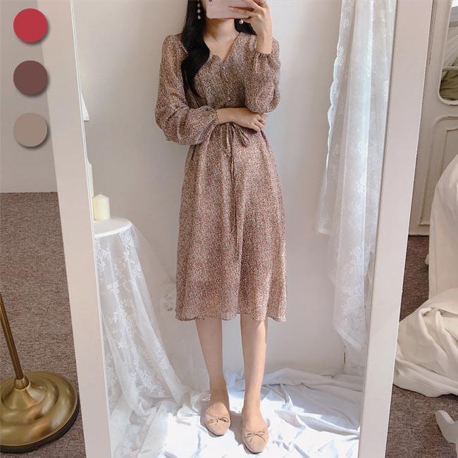 春 夏 膝丈ワンピース 長袖 シフォンワンピ 花柄 レディース ワンピース Vネック 長袖ワンピース ミディアム丈 通勤 レトロ 花柄ワンピース シフォン 5,339円