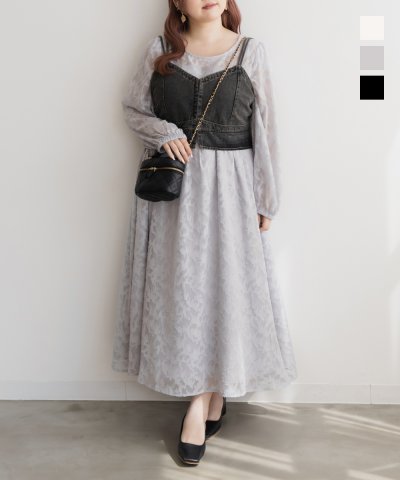 大きいサイズ レディース LL 3L 4L XL XXL XXXL CLETTEオリジナルジャガード花柄シアーワンピース