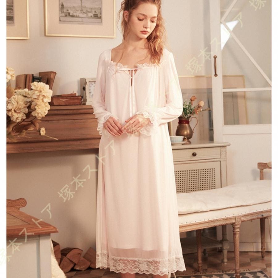 【値下げ！】今日限りで ネグリジェ ルームウェア 綿 コットン パジャマ 部屋着 長袖 無地 レース ロング丈 レディースルームウエア ワンピース ロングネグリジェ 姫系 プリンセス 3日以内に出荷