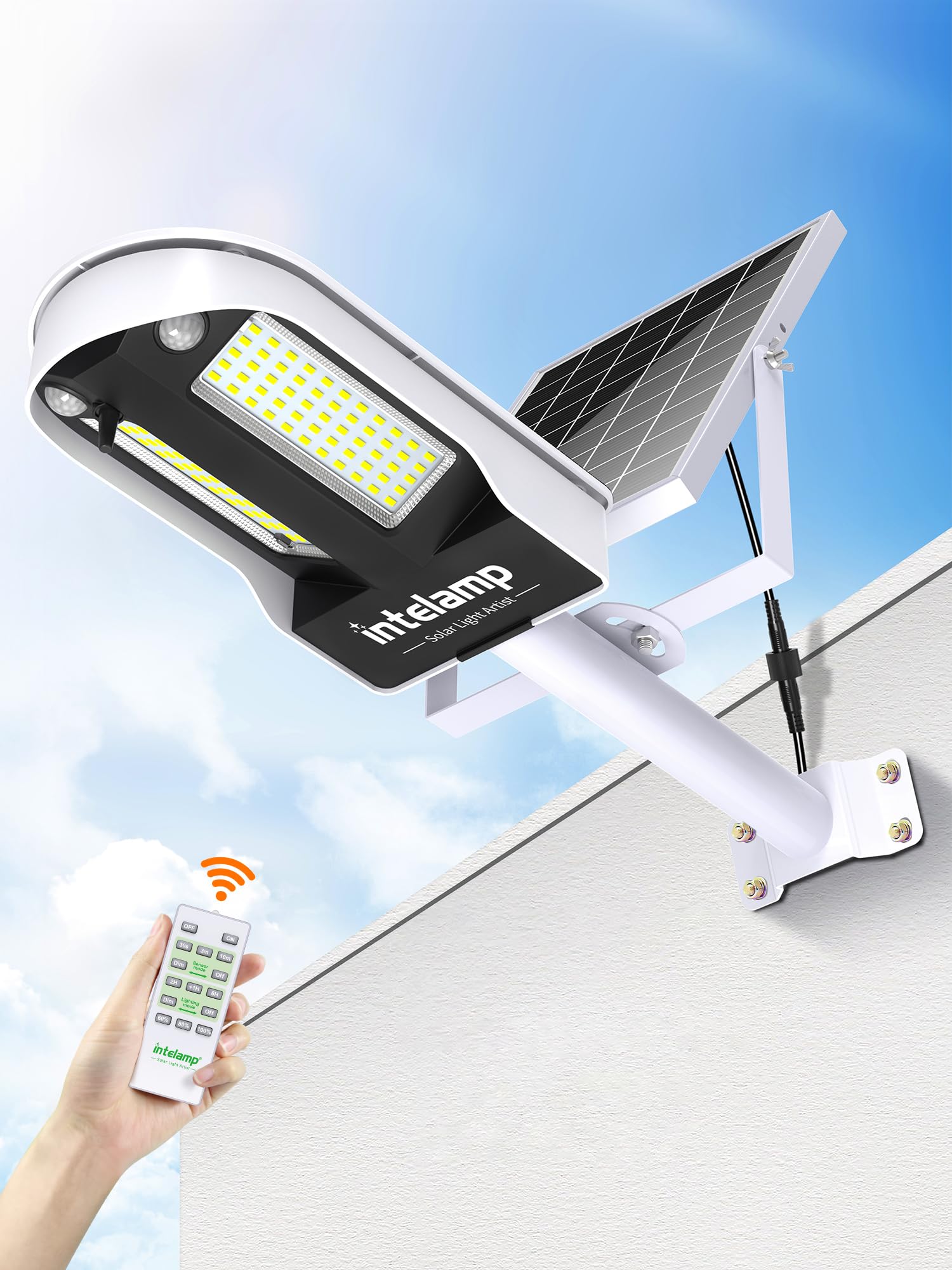 ソーラー街灯 人感センサー 6500K昼光色 照明 リモコン付き 【12500mAh大容量電池 光束最大3000ルーメン】長時間点灯 高輝度LED 【大型ソーラーパネル搭載&壁掛け 72976