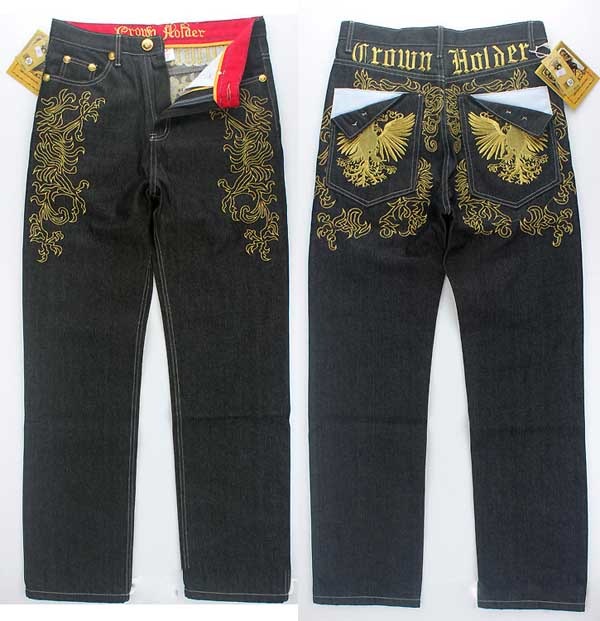 金色の刺繍が施されたメンズボトムス Gパン ジーンズ ズボン デニム