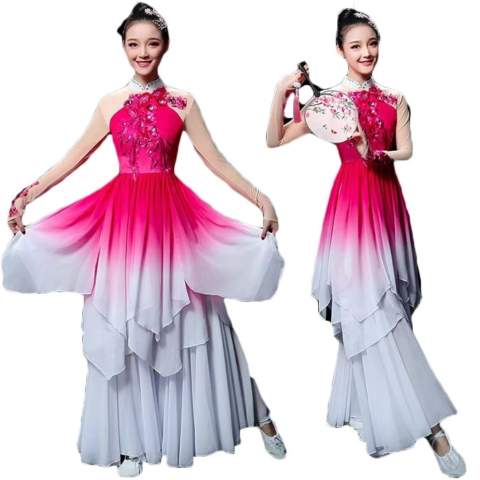 古典ダンス衣装 レディース エスニック風 舞台 ステージ衣装 グラデーション ダンス衣装 ワンピース フレアパンツ 上下2点セット スパンコール ダンス衣装 中国古典舞踊ダンス衣装 飄逸 モダン社交ダ