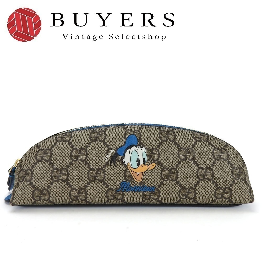 中古 ペンケース 662129 GGスプリーム PVC ベージュ ブルー ゴールド金具 ドナルドダック ディズニーコラボ 小物
