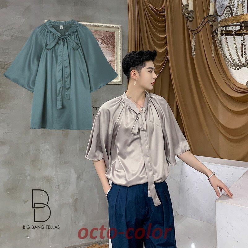 韓国 ファッション メンズ 違いを生む メンズ ブラウス リボンネック ジェンダーレス カットソー 半袖 光沢 メンズ メンズファッション モード系