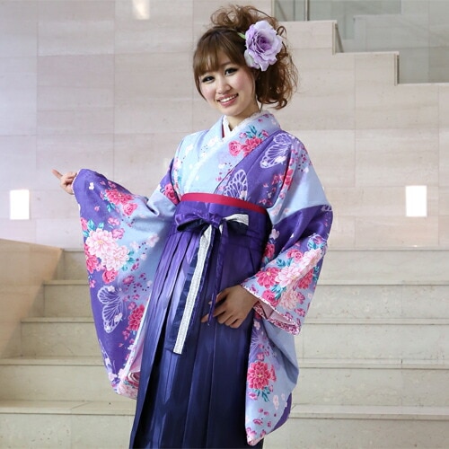 レンタル卒業式 袴 レンタル 女 袴セット 女 卒業式袴セット2尺袖着物＆袴 フルセットレンタル 安い 水色地に紫ぼかし ピンク系牡丹と蝶