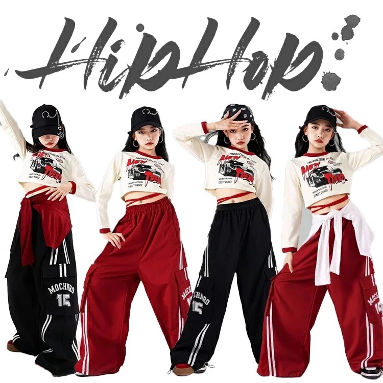 【急速出荷!】キッズ 女の子 ダンス キッズ 子供服 赤 黒 カーゴパンツ ダンス衣装 長袖 ガールズ へそ出し ダンスウェア 発表会 応援団 イベント ジュニア カッコイイ 普段着 jazz オシャ