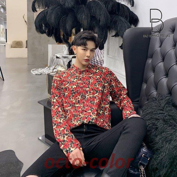 ストールネック 花柄シャツ フラワー ゆったり 長袖 カットソー メンズ メンズファッション ストリート系 カジュアル モード系 韓国 ファッション