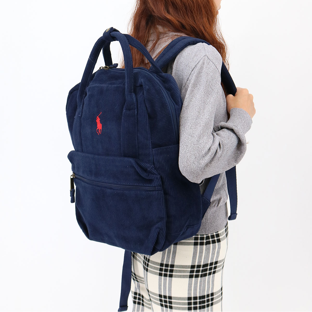 9AR100 バックパック コーデュロイ ビッグポニー リュック ロゴ刺繍 A4収納可能 ユニセックス レディース メンズ ネイビー 男女兼用 15,800円