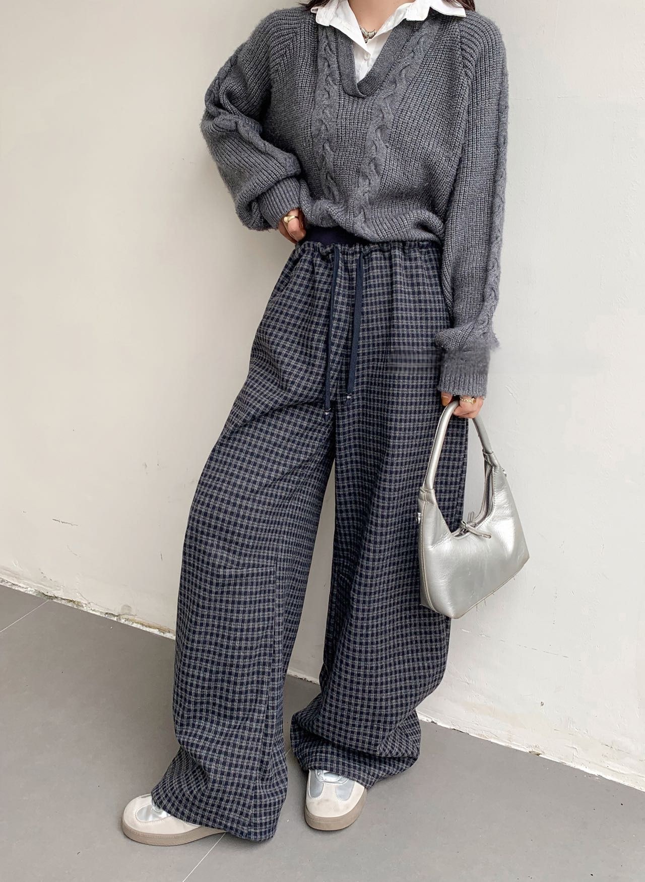 女子力UPかわいい人気韓国スタイル冬女性起毛チェックワイドバンディングパンツパンツオーバーフィットヒップホップトレーニング