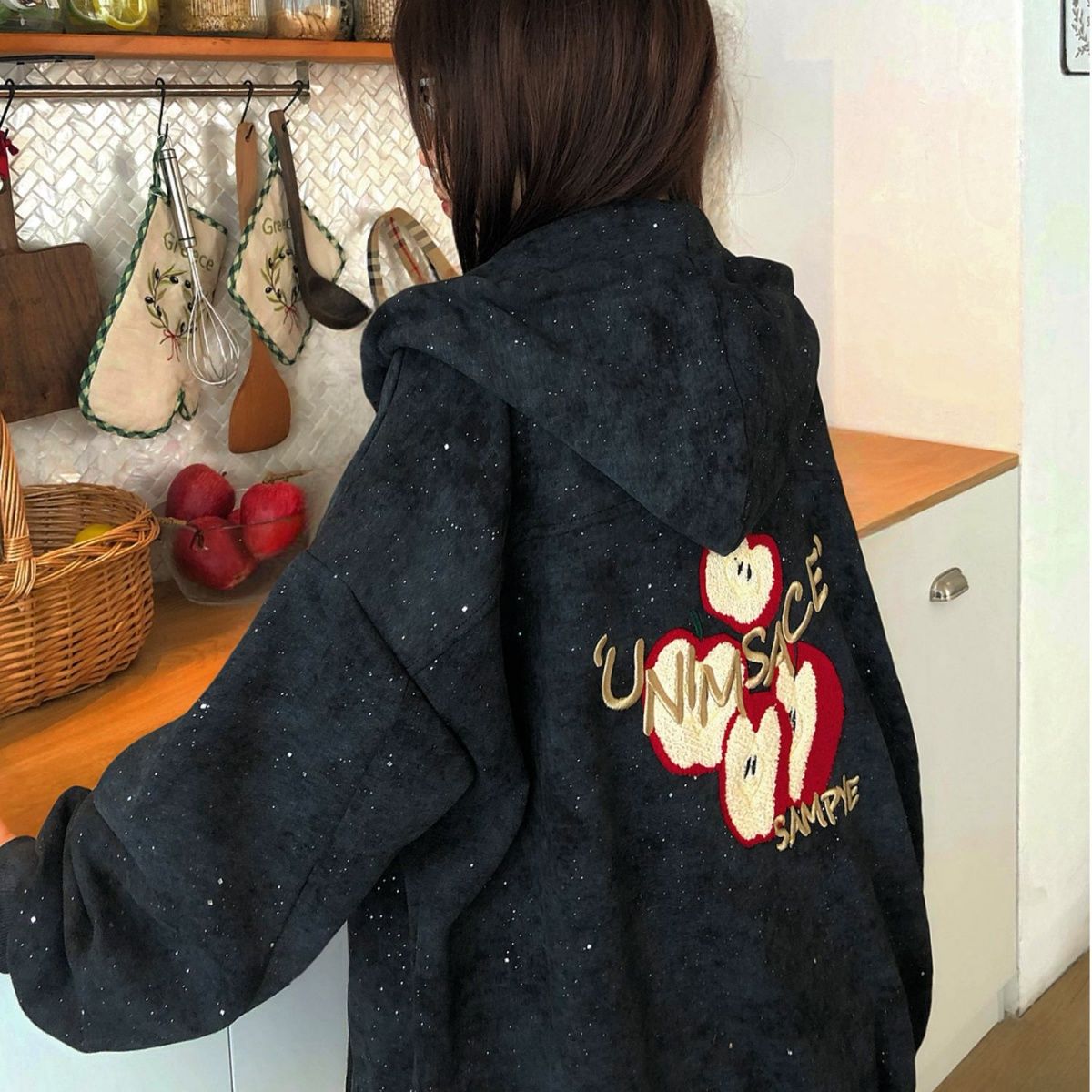 【3日出荷】刺繍星リンゴ ジップフードパーカー ゆったり 春秋新作