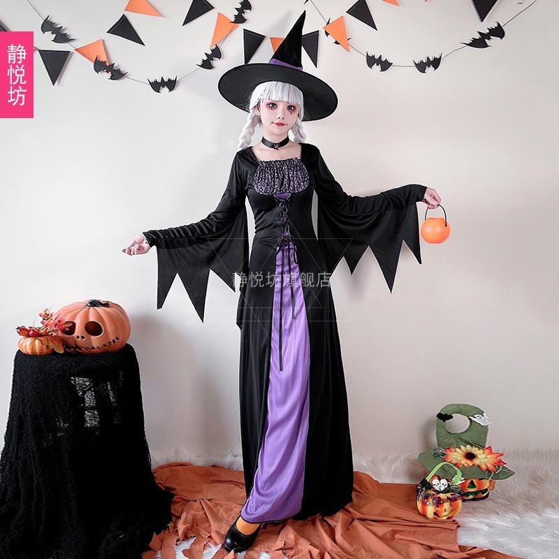 ハロウィンコスチューム大人用紫魔法使いローブ女性用コウモリ魔女吸血鬼ステージドレスロングスカート